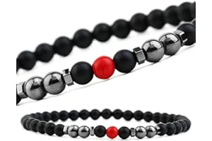 EUMENIDES Black Frosted Stone Magnetic Anklet，9.45" Length,6MM, 2 Packs,Natural Frosted Stone Anklet， Improve Sleep, (Red Pine stone+Magnet)
