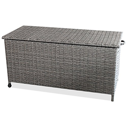 Auflagenbox Kissenbox Gartenbox Gartentruhe Aufbewahrungsbox Aufbewahrungskiste Kissentruhe – mit Hubautomatik, 134x56x65cm, Poly Rattan, Rollbar, Grau - 3