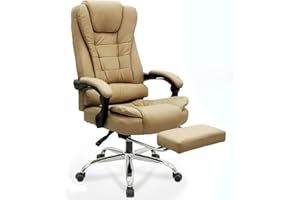 BAKAJI Poltrona Sedia Scrivania Ufficio Massaggiante 2 Testine Massaggianti in Eco Pelle Schienale Reclinabile con Poggiapiedi 5 Ruote 360 Gradi Altezza Regolabile Alimentazione USB (Beige)
