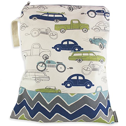 Logan + Lenora Classic Wet Bag - Nappy Diaper Wet Bag - Beach, Pool, Gym Bag for Swimsuits or Wet Clothes - Made in USA -Waterproof (Zoom Cars)