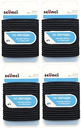 Scunci Effortless Beauty No Damage Black Color Ponytail Holders: 4 pack (18 Pieces/pack) by Scunci