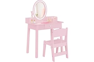 Maxmass Kids Vanity Table and Chair, Children Dressing Table with 2-Color LED Lights & Removable Mirror, Tree-Shaped Jewelry Organizer, Drawer, Princess Makeup Table for 3-8 Years Old (Light Pink)