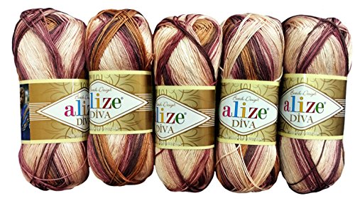 5 x 100 Gramm Alize Batik Wolle braun beige lachs creme mit Farbverlauf, Nr. 3303, 500 Gramm merzerisierte Strickwolle