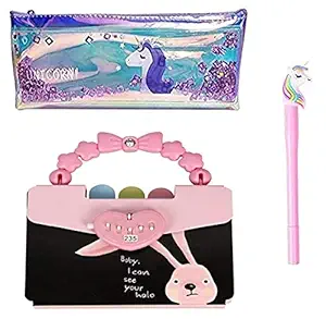 Ridni Combo of 3 Pcs Stationery Items for Kids II Multipurpose Pouch II Unicorn Led Pen II Password Diary Assorted Color & Design (Pouch Diary Pen Pack of 3)