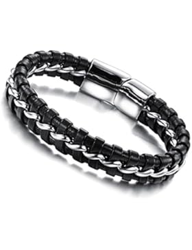 cupimatch Herren Magnetverschluss edelstahlgewebeschlauch Leder Seil Armband Armreif Silber Schwarz