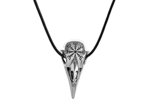 BlackAmazement Halskette mit Anhänger Raben Krähen Skull Schädel Totenkopf Vegvisir Wegweiser Symbol Lederkette Wikinger Viking Gothic Biker Damen Herren