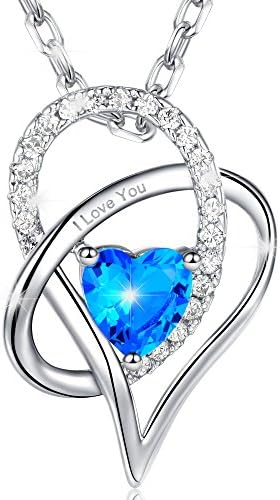 MARENJA-Mother's Day Gift Women's Fashion Necklace-Blue Heart Pendant Engraved "I Love You" with Chain-White Gold Plated Crystal Jewellery