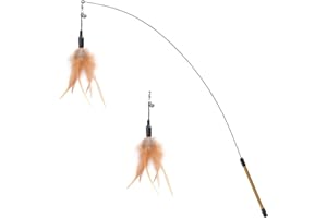 Pawaboo Plumeau de Jeu pour Chat, Canne à Pêche avec Une Baguette Extra Large de 88cm et Une Petite Clochette, Jouet Plumeau à Plumes pour Chat Chaton, Bâton Jouet Fil Chaser, Plume Brune