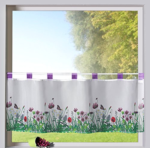 Scheibengardine Frühling Schlaufenbistro in lila Blumen Wiese hochwertiger Druck auf Voile in weiß Panneaux HxB 45x120cm Gardine Typ322