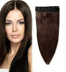 Majik Straight Human Hair Extension With 5 Clips For Women And Girls Feel Like Real Hair Extension 24 Inche Dark Brown 100 Grams Pack Of 1