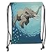 Produktbild ZKHTO Drawstring Sack Backpacks Bags,Animal,Cute Giant Elephant Swimming in Ocean Water Humor Tropical Graphic,Taupe Slate Blue Turquoise Soft Satin,5 Liter Capacity,Adjustable String Closure