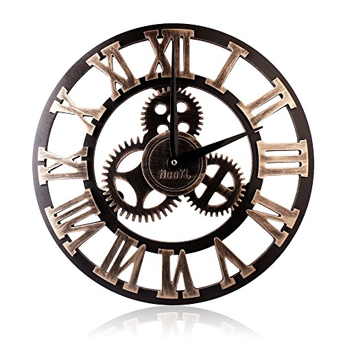 HooYL stylische Wanduhr im Vintage Look mit dekorativem Zahnrad und römischen Ziffern aus Holz (Farbe Kupfer)