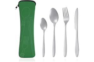 NOKDAL 4 pièces Set Couverts de Table Inox Couverts en Acier Inoxydable Couverts Argentés en Acier Couverts de Camping Ensemble de Couverts Transportables Cuillère Couteau Fourchette avec Sac en Néoprè