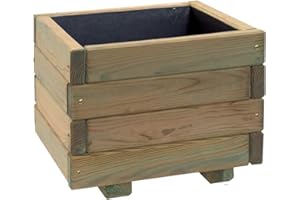bac à fleurs carré en bois FIRST Jardipolys | 40 x 40 x 26,5 | petit pot de fleurs carré en bois sur pieds | jardinière rectangulaire avec planches en bois clair interposées | Pot de plantes en bois décoration pour jardin, terrasse, balcon