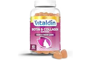 VITALDIN Biotina + Colágeno gummies - Suplemento de Belleza - 2.500 mcg de Biotina, Vitaminas C y E - 60 gominolas, sabor a Cítricos - Ayuda a Mantener el Cabello y la Piel - Sin Gluten
