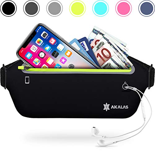 Akalas Cinturón para Correr Ultraligero, sin rebotes, para Entrenamiento, para iPhone XS 6 7 8 Plus, para Mujeres y Hombres, riñonera Delgada para Correr, Gimnasio, Ciclismo, maratón, Negro