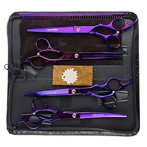 LILYS PET Professional PET Dog Grooming Coated Titanium Scissors Suit Cutting&Curved&Thinning Shears (8.0 inches, Purple)