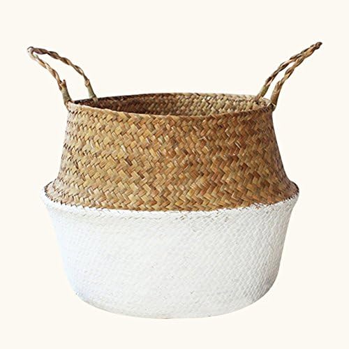 Woven Belly Storage Basket , Natural Seagrass Plant Flower Potted Storage Holder Organizer Bag , Laundry Tote Bag