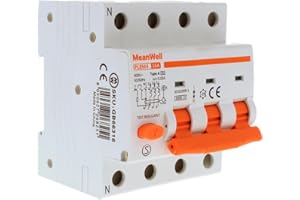 MeanWell Interruttore Magnetotermico Differenziale Trifase Tipo A 30mA, RCBO 3P+N C16 16A, Curva C 6000A 380V, 4 Poli Da 4 Moduli Barra DIN