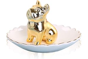 LEPENDOR Dog Ceramic Jewelry Tray Ring Holder Trinket Dish Necklace Earrings Rings Jewelry Organizer Display Jewelry Trinket Holder Home Decoration - Gold Bulldog