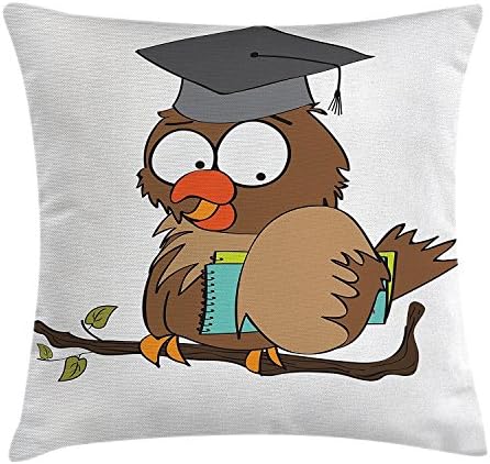 DCOCY Graduation Throw Pillow Cushion Cover, Funny Owl Teacher Instructor on Branch Professor Intelligent Illustration, Decorative Square Accent Pillow Case, 18X18 Inches, Cocoa Chocolate