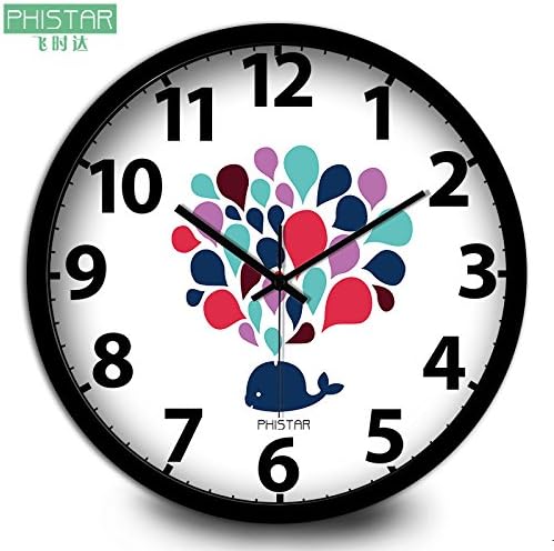 CHLWWThe Lovely Fountain Fish Wall Clock Cartoon Indoor Walls Metal Hanging Table Children'S Room Mute Clock,Black,14Inch
