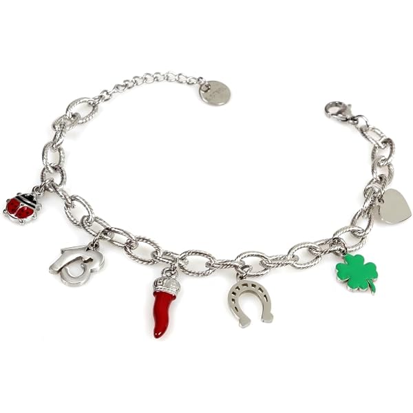 Mavijewel Bracciale Donna In Acciaio Con Corno Portafortuna, Ferro Di Cavallo E Quadrifoglio - Gioiello Made In Italy