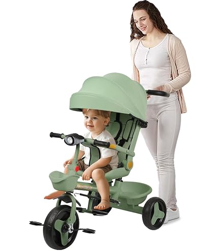 OHMG Tricycle Bébé évolutif, vélo de marche et drāisienne réversible, grand panier sac, auvent rabattable (Noir