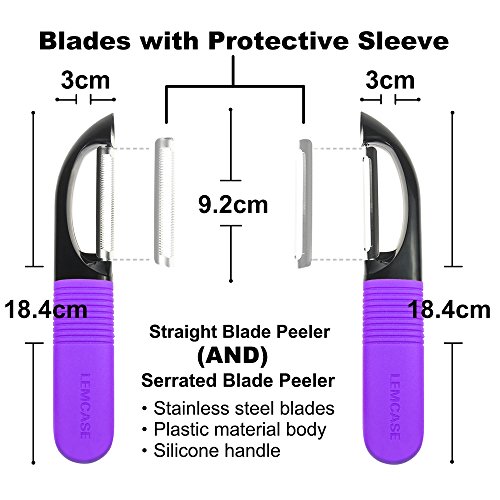 LEMCASE Obstschäler und Gemüseschäler – 3 Stück Schäler Sparschäler Set [Gezähnt, Gerade, Julienne Klingen] mit Lila Silikon Griffe - 2