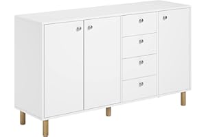 FirFurd Komoda do salonu, biała, wolnostojąca, duża komoda z 4 szufladami z 3 drzwiami, 140 x 40 x 80 cm, drewniana