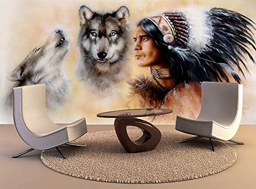 HDOUBR Papel Pintado Personalizado murales Indio con Lobo Autoadhesivo Vinilo Pared Pegatina Pared Papel Arte Pared Pintura Sala de Estar, 350x245 cm (137.8 by 96.5 in)