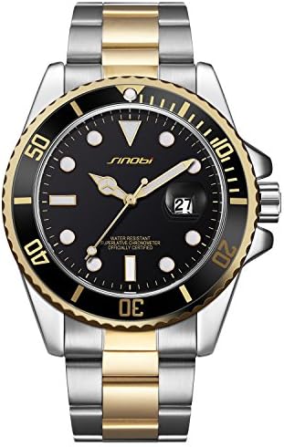 SINOBI Men's Quartz Wristwatch Black Dial with Date Analog Display and Two-Tone Stainless Steel Band (Black) (Black) (Black Gold)