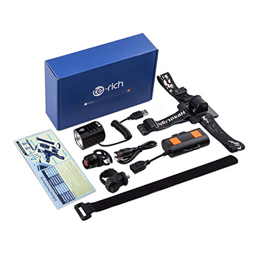 LED Fahrradlicht Set, LED Scheinwerfer, 1200 LM, XM L2, Sport, Fahrradlampe LED mit Akku, LED Fahrradbeleuchtung USB Aufladbar inkl, LED Frontlichter, Rücklicht mit Knopfzelle, Halterung, Kopfbügel zur LED Stirnlampe - 6