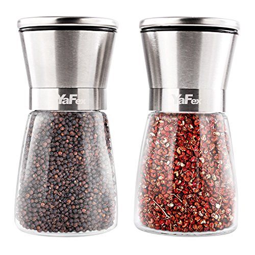 YaFex Modern Salz und Pfeffermühle Set, Einstellbares Keramikmahlwerk und Glasgehäuse – Gebürsteter Edelstahl Mühle für Pfeffer, Salz, Fenche(Zwei Flaschen)