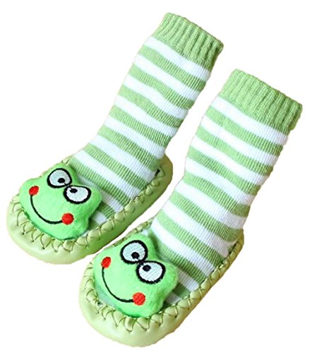 Bebedou 2/3 yrs stripey green cartoon socks 18 to 24 months Baby Toddlers Kids Comfy Indoor Slippers Shoes Socks Moccasins NON SKID Indoor Shoes Socks Durable Multifunctional slip baby booties breathable toddler elastic, warm and thick socks with soft leather sole 15 cm