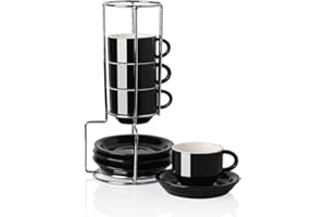 Sweejar Home Tazzine da caffè in porcellana con piattini, 70 ml, impilabili, tazze da cappuccino con supporto in metallo, per caffè, latte, tè, set da 4 (nero)
