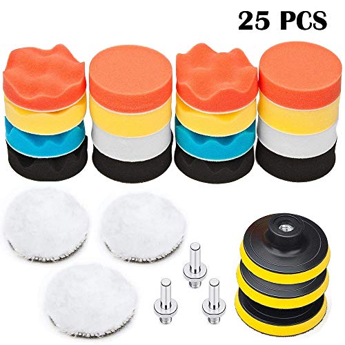 Preisvergleich Produktbild BangShou Polierschwamm Auto, 25Pcs Poliermaschine Pads Set 3inch ca. 80mm Wolle Polierset aus Schwamm Bohrer Adapter