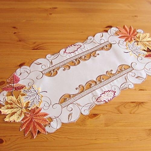 Table Runner-Embroidery, oval, ecru / Multi-Coloured Leaves'Autumn" (30 x 70 CM)
