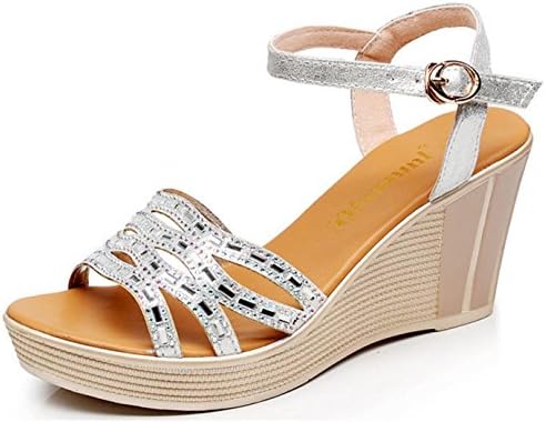 HYLM Female Sandals New Slope With Sandals Thick Bottom Shoes / High Heel Leather / Open Toe Female Large Size Sandals , silver , 39