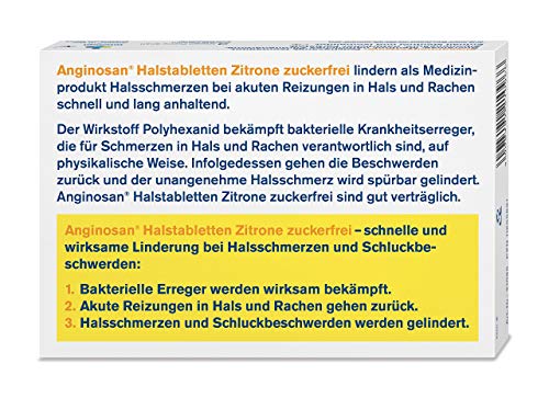 tetesept Anginosan Halstabletten Zitrone - zuckerfrei – Antibakterielle Halsschmerztabletten gegen akute Reizungen in Hals & Rachen – 5 x 20 Stück