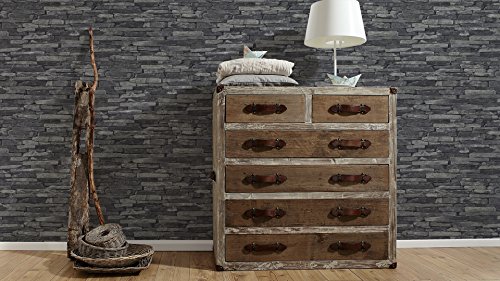 A.S. Création Vliestapete Best of Wood and Stone Tapete in Stein Optik fotorealistische Steintapete Naturstein 10,05 m x 0,53 m grau schwarz Made in Germany 914224 9142-24 - 5
