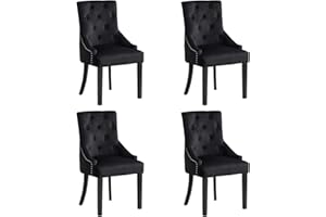 BonChoice Set of 4 Black Velvet Dining Chairs with Knocker Studded Black Legs for Dining Room Kitchen Upholstered Accent Side Chairs for Bedroom, Living Room, Button Tufted Armchair