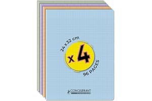 CONQUERANT Conquérant Lot de 4 Cahiers Classique Pastel 24x32 96 Pages 90g Grands Carreaux Seyès Agrafées Couverture Polypro Couleurs Assorties