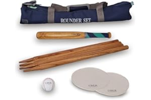Uber Games Premium Rounders Set – Includes Wooden Bat, Leather Ball, 4 Wooden Posts (60cm), 2 Rubber Bases, and Nylon Storage Bag – Outdoor Game for Park, or Beach Fun. Used by schools and clubs