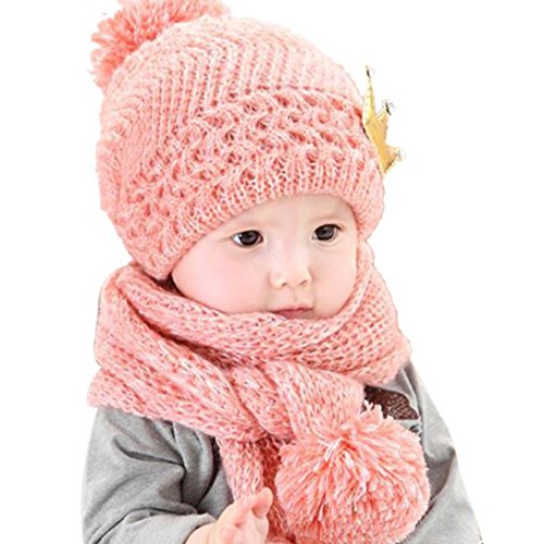 Fulltime(TM) Cute Baby Kids Girls Boys Winter Warm Woolen Coif Hood Scarf Caps Hats Pom Pom Balls (Pink)
