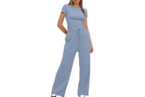 MOBEUR Women 2 Piece Set Outfit Summer Casual Tracksuit Short Sleeve Crop Tops and Drawstring High Elastic Waisted Wide Leg Pants Tracksuit Yoga Joggers Suit Lounge Wear Full Sets