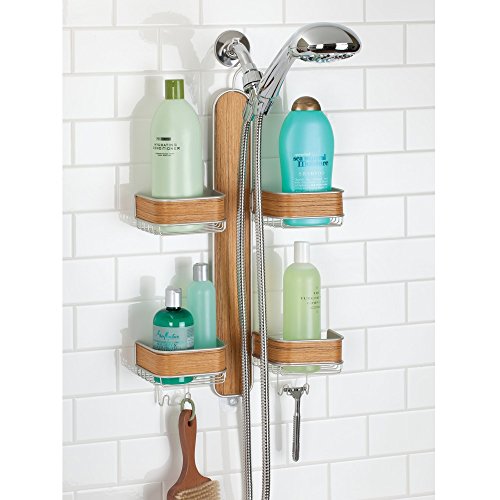 mDesign Duschablage zum Hängen – praktisches Duschregal – ohne Bohren montieren – Duschkörbe zum Hängen aus Stahl mit Teakholz-Finish – satiniert - 2