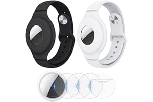 VEGO AirTag Bracelet for Kids, 2 Pack Silicone Watch Bands + 4 Pack Anti-Scratch Films for Kids, Metal Studs Anti-dropping Wristband for Apple AirTag