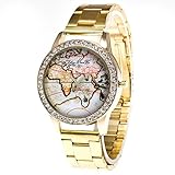 Dilwe Luxus Armbanduhr, Modische Glänzende Quarz Uhr mit Alloy Armband und Strass Weltkarte Musterzifferblatt