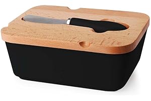 ORION GROUP Mantequera de porcelana con tapa y cuchillo, 16x11,5x6 cm, porcelana negra, madera de bambú y acero inoxidable, recipiente de mantequilla ecológico, decoración perfecta para mesa y cocina